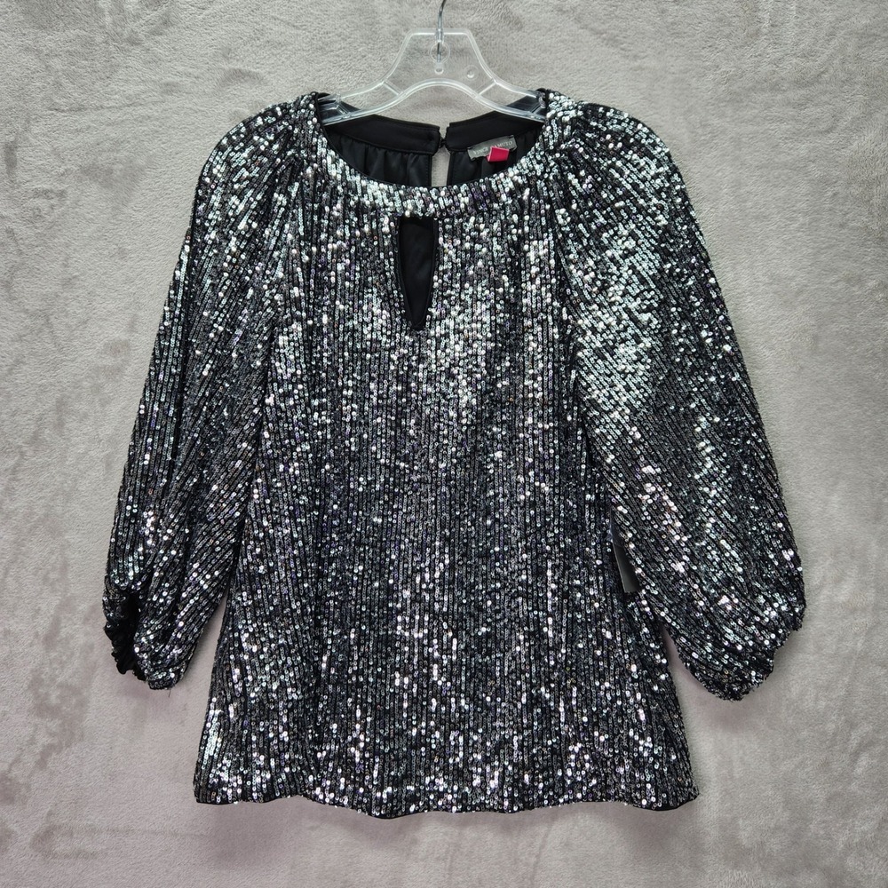 Vince Camuto Blouse Womens Small Sparkle Shine Sequin Keyhole Neck Puff Sleeve